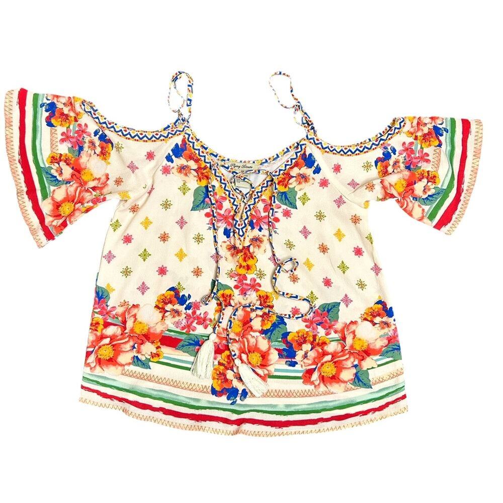 Flying Tomato Bright Colorful  Red Cream Floral Tie Front Cold Shoulder Blouse
